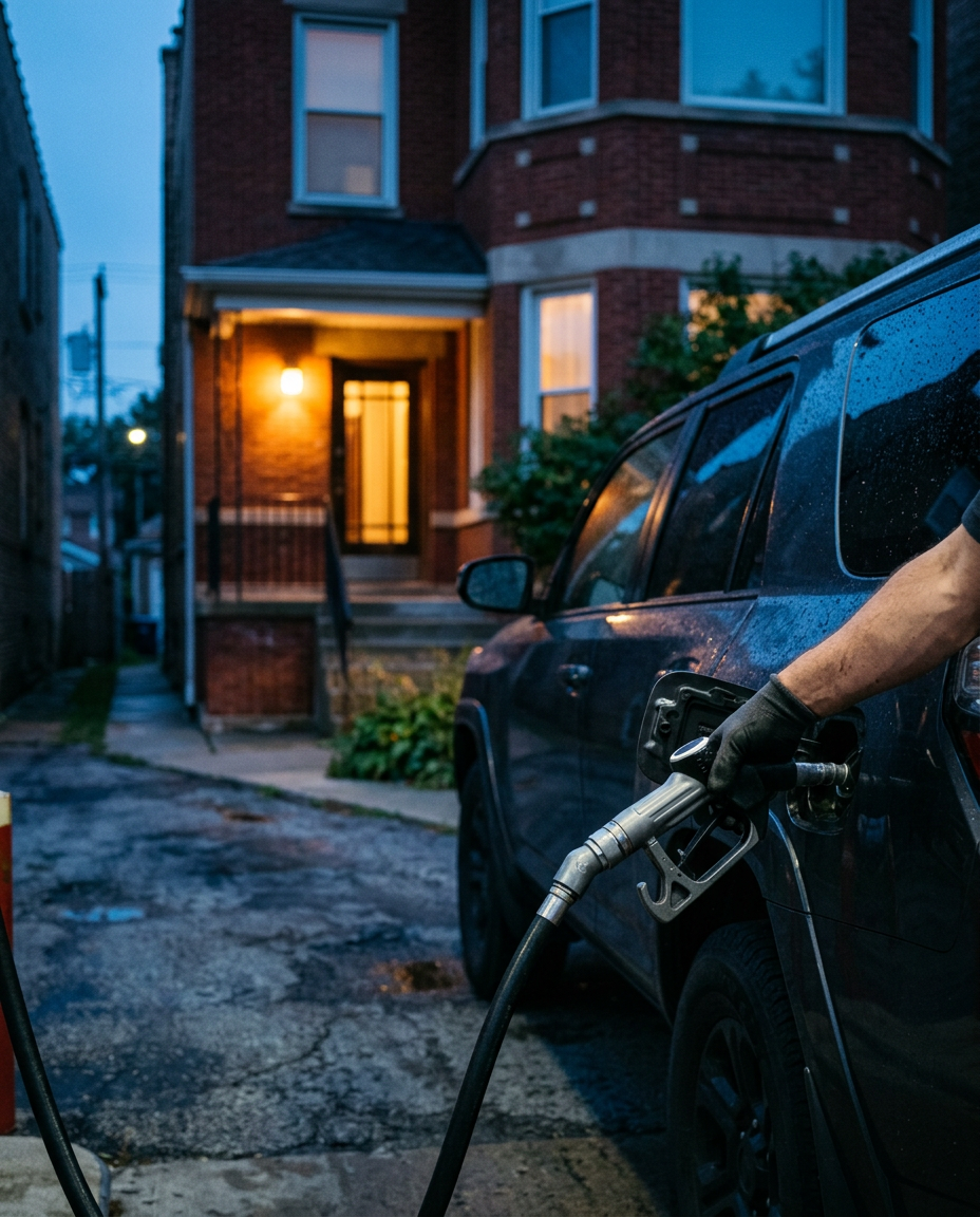 A hand fills a dark family SUV with gas in a Chicago driveway at dusk, a brick house glowing behind