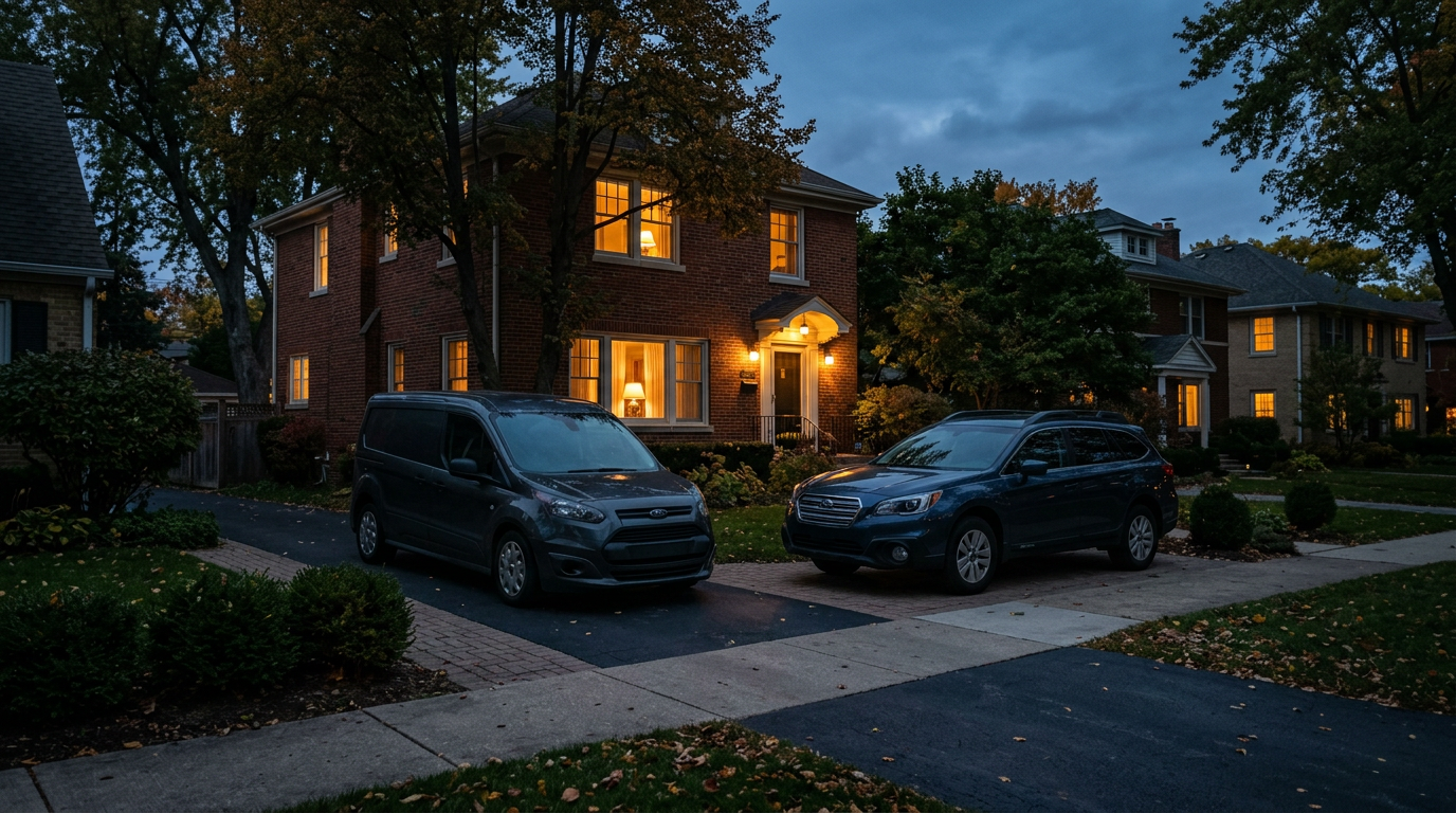 A small dark van and a family SUV parked in front of a brick Chicago house at dusk