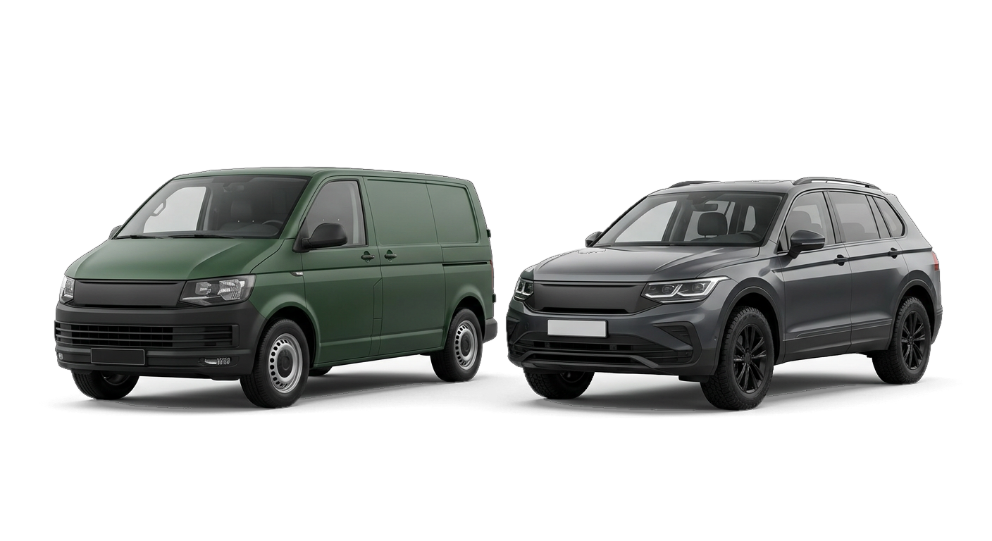A dark green cargo van parked beside a dark grey family SUV