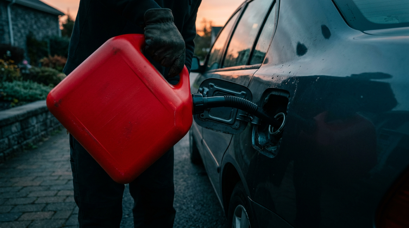 A red gas can filling a dark car in a driveway at sunset