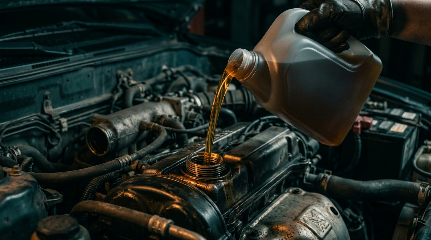 Golden full synthetic oil poured into an engine from an unbranded jug