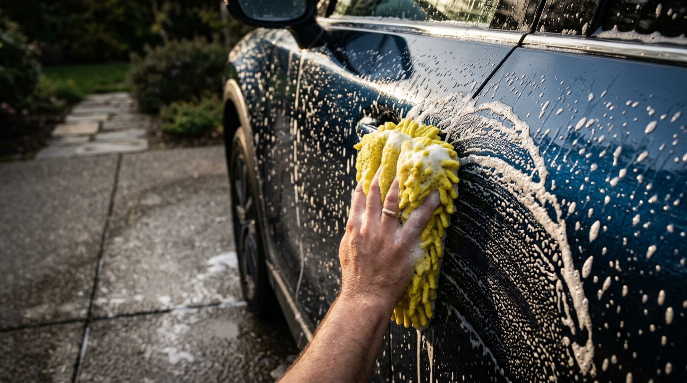 A hand washing a dark blue SUV door with a yellow mitt and foam